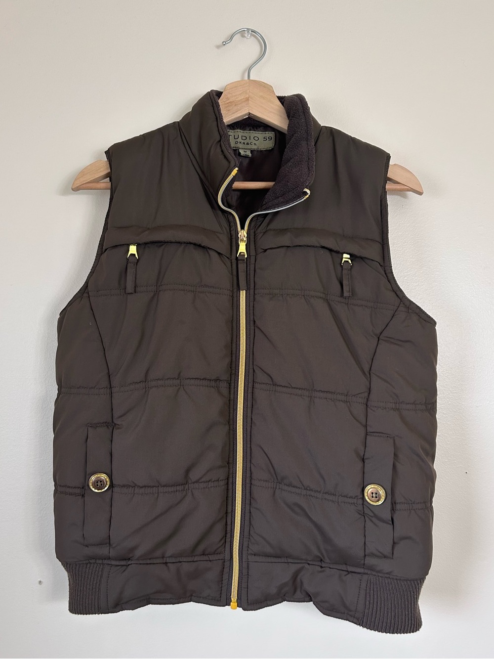 Quilted Expresso Sleeveless Puffer Vest with Gold Zipper and Button Details